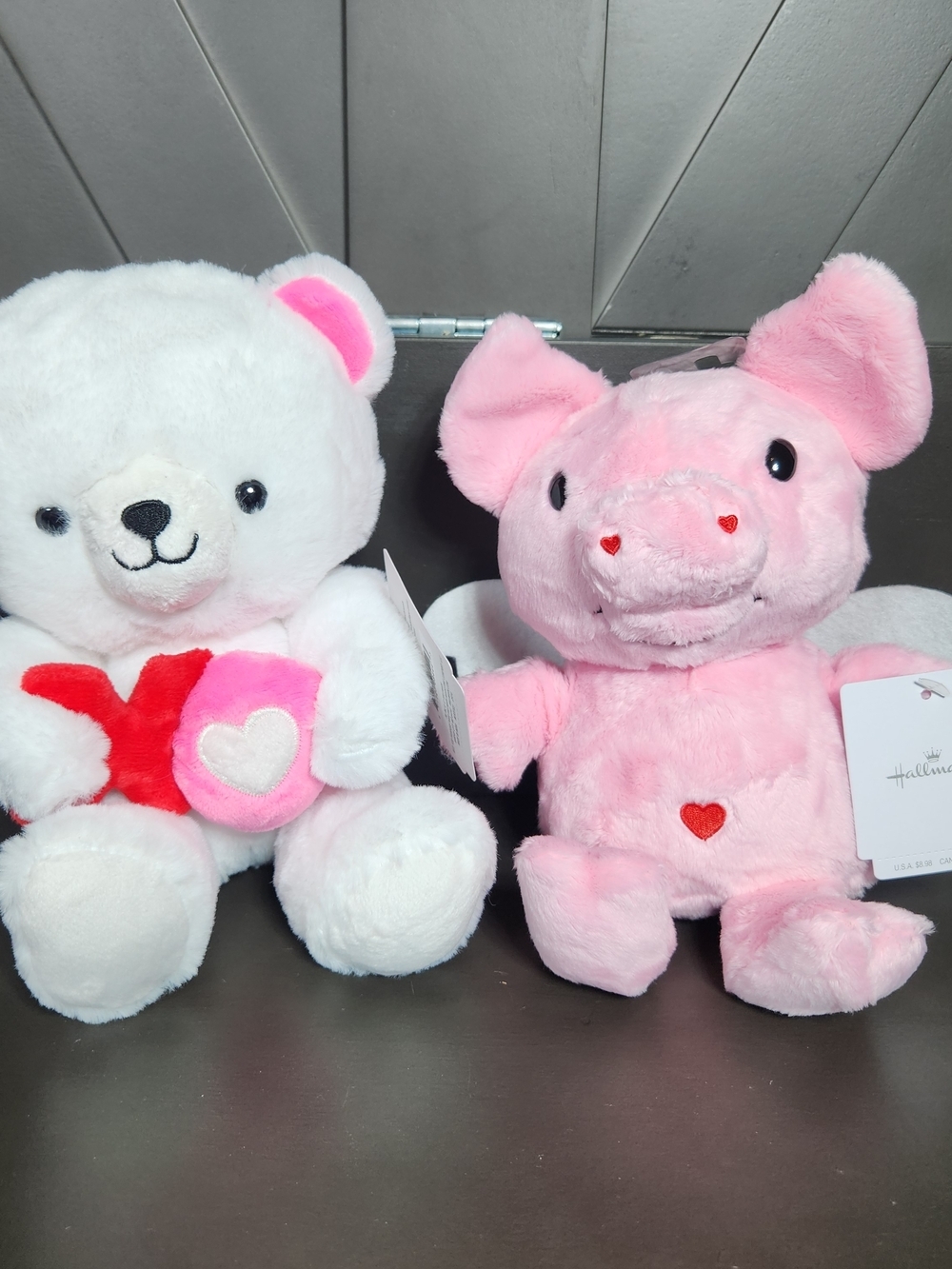 Hallmark Pink White Valentine Plush Pair 8" Pig W Heart Bear XO
